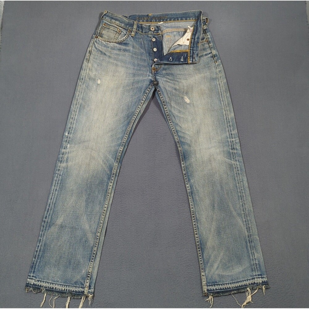 Evisu Jeans Men's 33R Fits 31x32 Blue Distressed Straight Leg Button Fly Seagull
